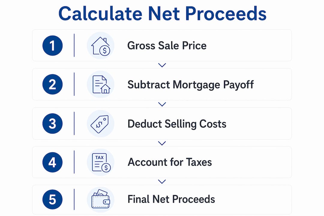 Infographic showing the steps to calculate net home sale proceeds