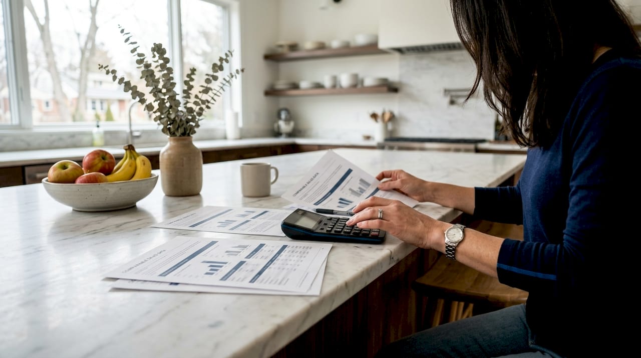 Hands calculating home price using comps and a calculator