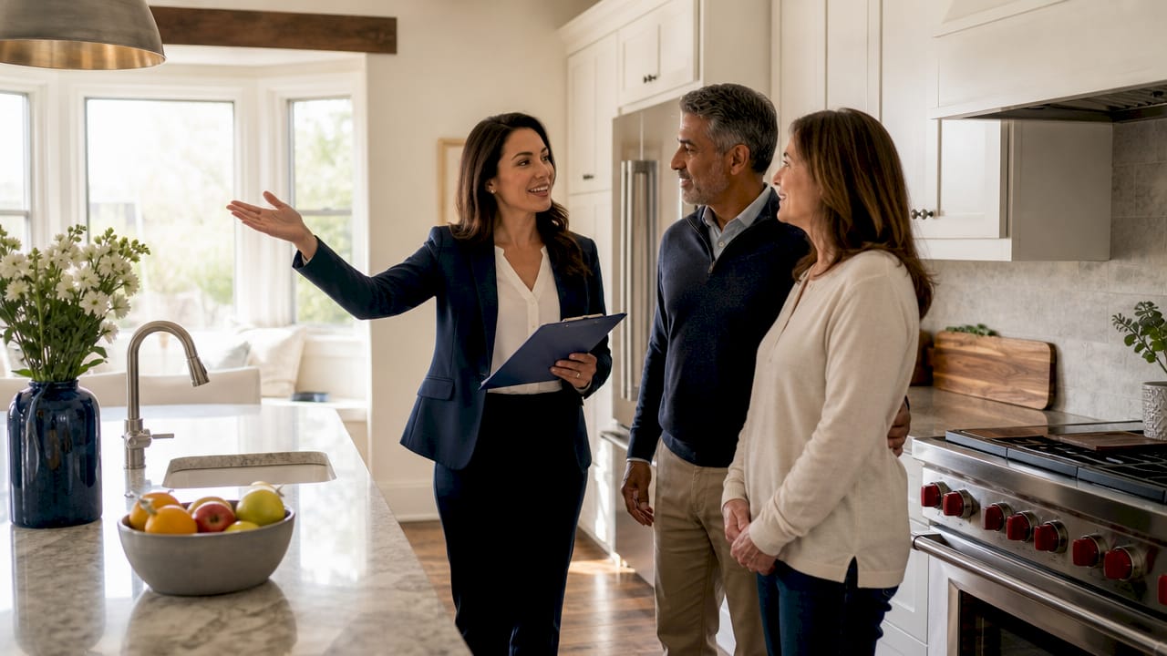 Agent explaining listing options to a couple in a home