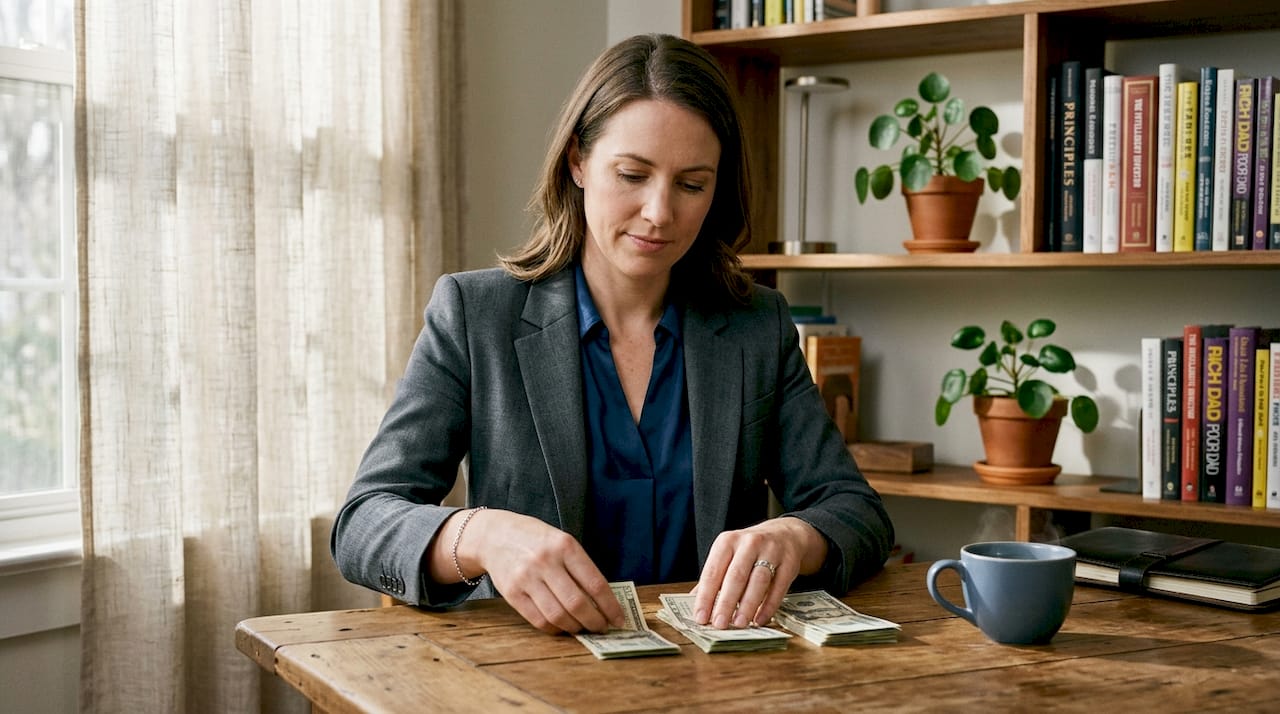 Hands stacking cash on an office desk with a calculator